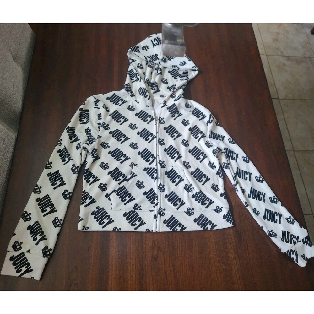 Juicy Couture Crown Cropped Jacket Hoodie Size Medium Ivory Black New